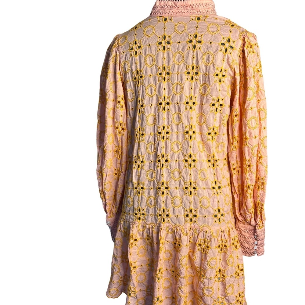 ROIII Small‎ Peach Eyelet Lace Mini Dress Peach Boho Embroidery Stunning Dress - Picture 2 of 12